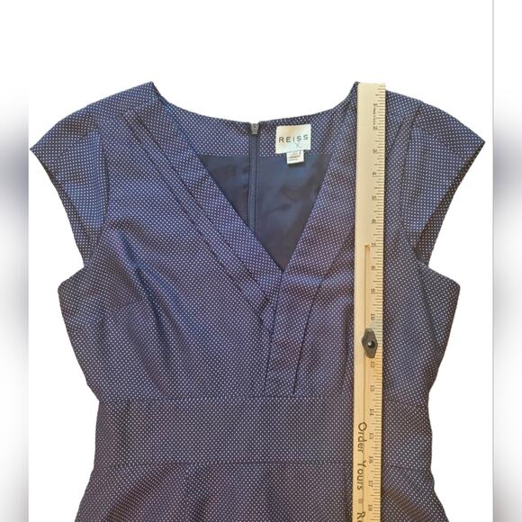 Reiss Blue Navy Dress with Metallic Detailing White Dots Sz 6 - Picture 11 of 14